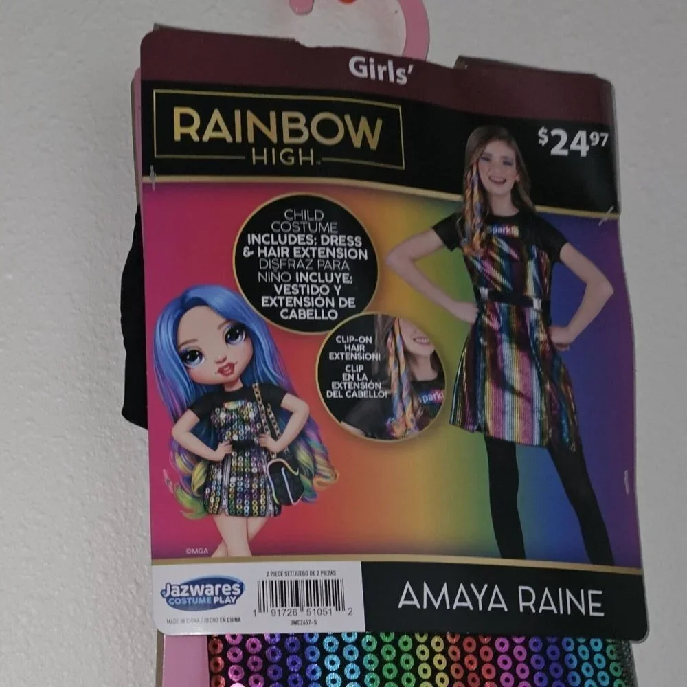 NWT Rainbow High Amaya Raine Halloween Costume Girls S 6/6X Dress Hair Extension